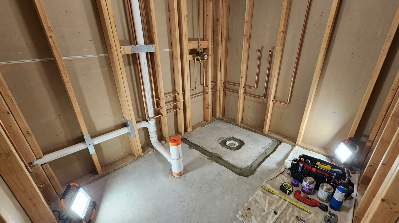 Bathroom rough-in plumbing during remodel by Johns Plumbing LLC in Penobscot