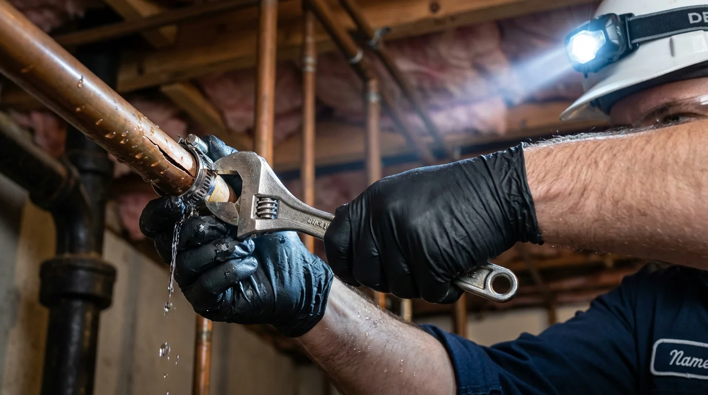 Emergency pipe clamp repair being performed by a Johns Plumbing LLC plumber in Penobscot