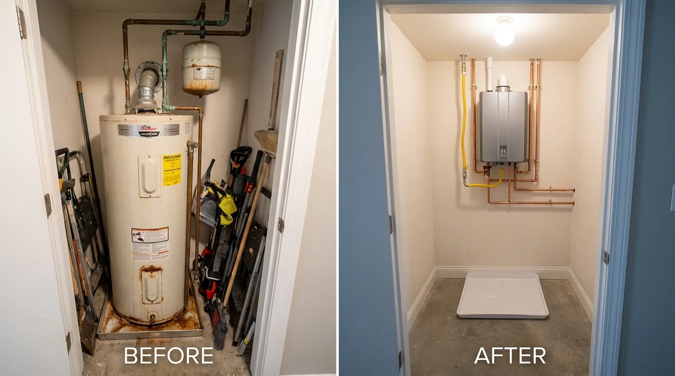 Tank water heater versus wall-mounted tankless unit comparison for Penobscot, ME homeowners