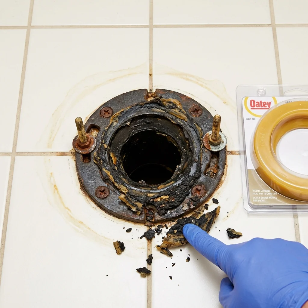 Failed wax ring showing water seepage at the base of a toilet in a Penobscot, ME home