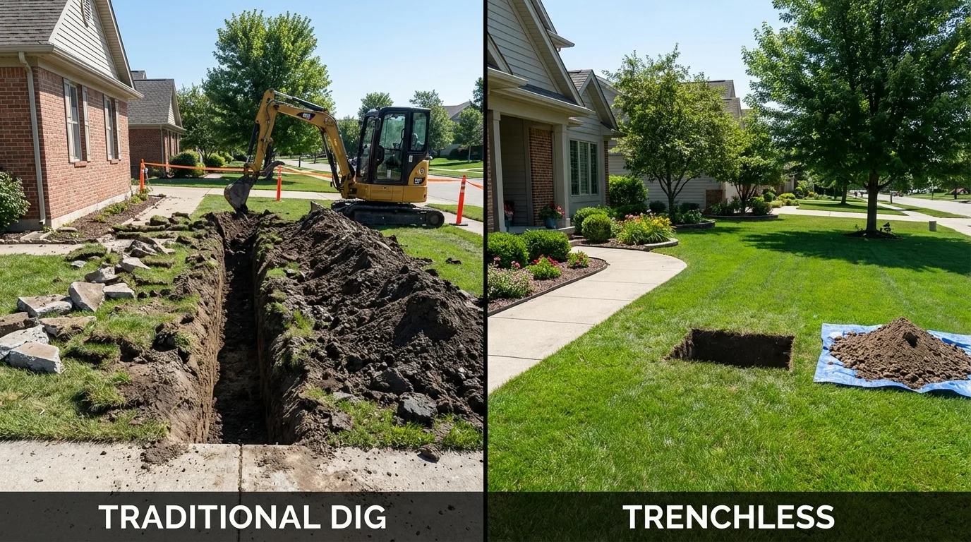 Trenchless sewer repair with minimal yard damage versus traditional excavation in Penobscot, ME