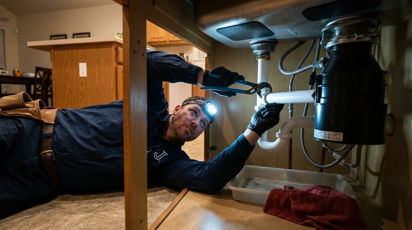 P-trap and supply line connections under a kitchen sink showing a common leak point in Penobscot, ME